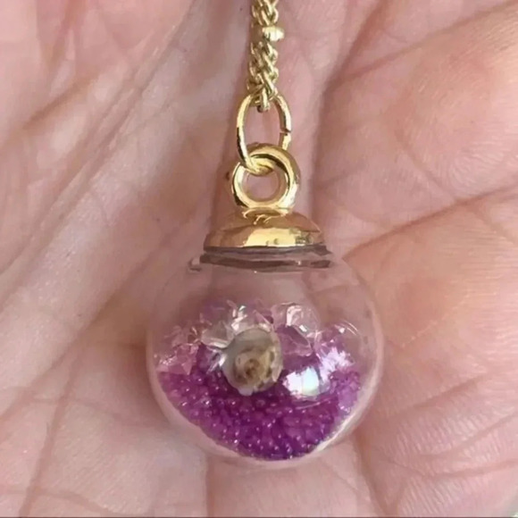 Purple Glass Globe Seashell Conch Crystal 14k Gold Station Chain Necklace - Picture 1 of 6